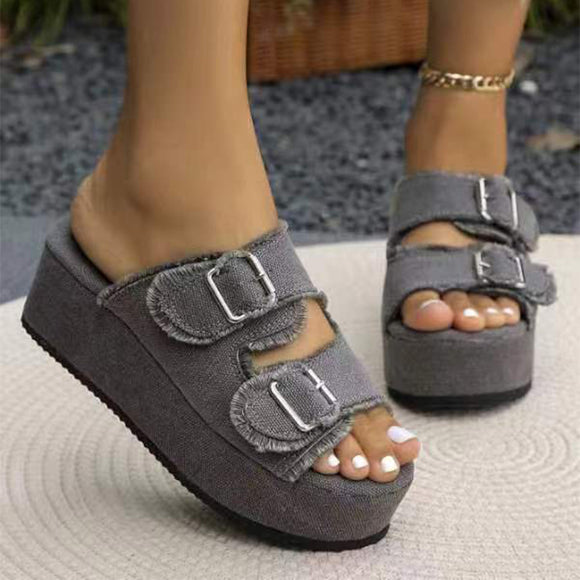 Sandalias Cuña Denim con Hebilla - Tacón Alto Camuflaje Verano para Mujer