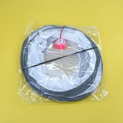 White cat tunnel with dark grey trim, featuring a red and pink hanging toy, measuring 25cm by 50cm. - Image 4
