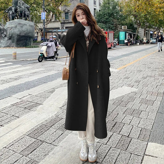 Abrigo de Lana Hepburn Coreano Suelto Midi para Otoño e Invierno - Image 4