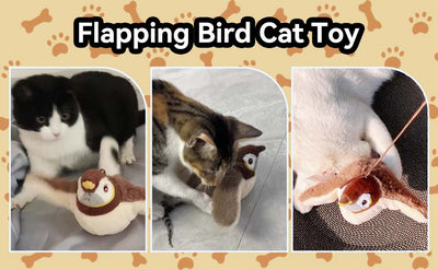 Plush brown and white bird cat toy with yellow accents, a feather tail, and a black clip on its back. - Image 11