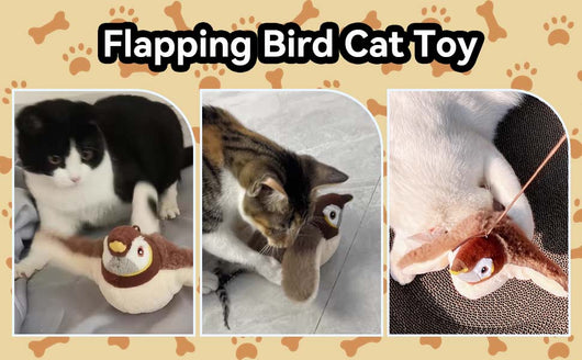 Plush brown and white bird cat toy with yellow accents, a feather tail, and a black clip on its back. - Image 11
