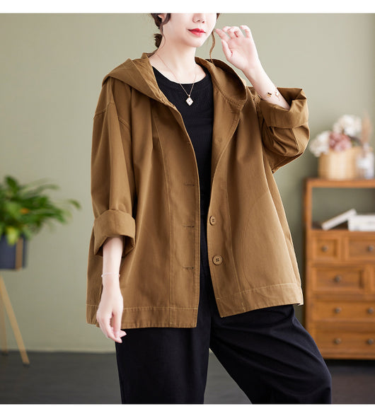 Abrigo Suelto con Capucha Mujer Retro Khaki Algodón Casual Costura Artística - Image 11