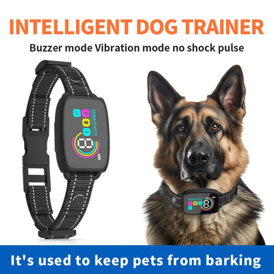 Smart automatic anti-barking dog collar with digital display, portable pet water bottle with food compartment, and a rectangular pet bed.