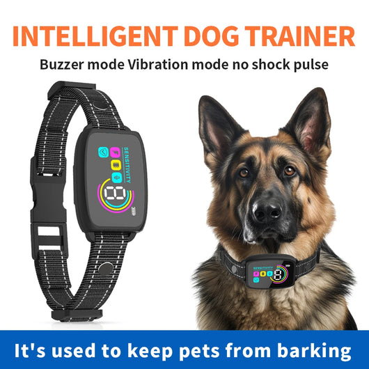 Smart automatic anti-barking dog collar with digital display, portable pet water bottle with food compartment, and a rectangular pet bed.