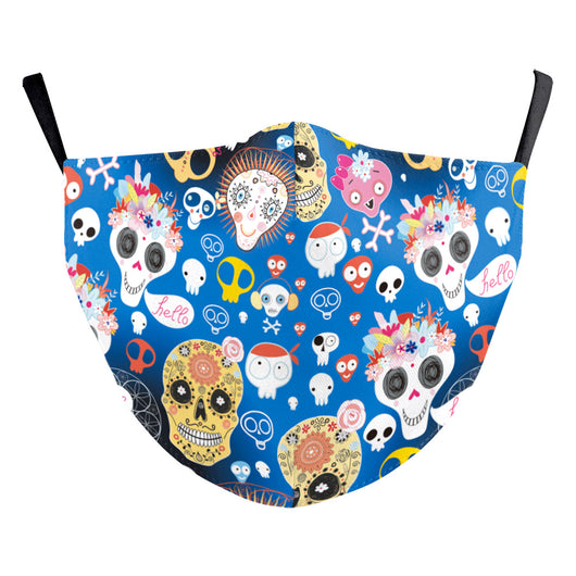 Blue double-layer ear-hanging face mask with a colorful Day of the Dead and cartoon skull pattern. - Image 14