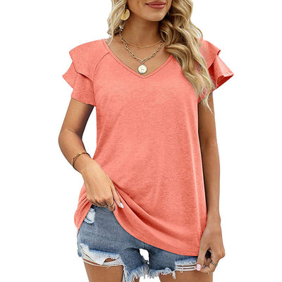 Blusa Cuello V Doble Capa Hoja de Loto Manga Corta para Dama - Image 26