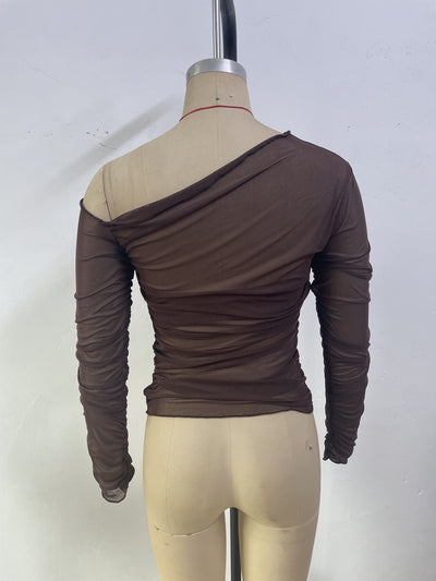 Blusa Larga de Malla Plisada con Manga Larga y Correa al Hombro para Mujer - Image 14
