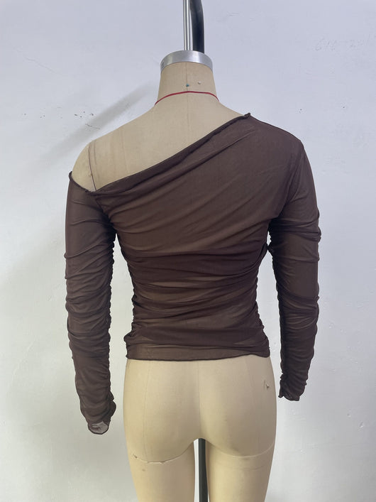 Blusa Larga de Malla Plisada con Manga Larga y Correa al Hombro para Mujer - Image 14