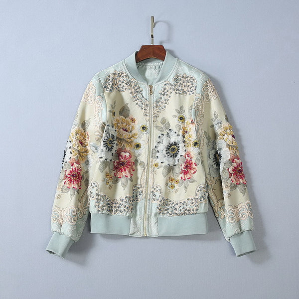 Chaqueta Beisbolera Larga con Peonia Cristalizada y Bordado en Relieve para Mujer