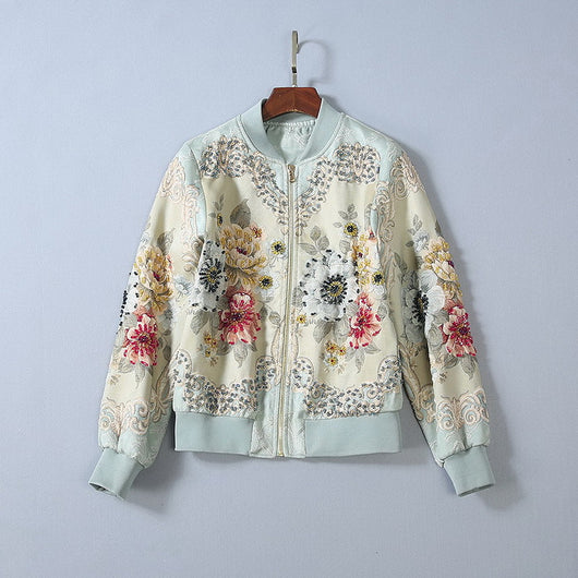 Chaqueta Beisbolera Larga con Peonia Cristalizada y Bordado en Relieve para Mujer