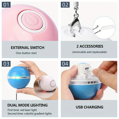 White electric interactive cat toy ball with LED light and feather attachment, shown with its white packaging box. - Image 15