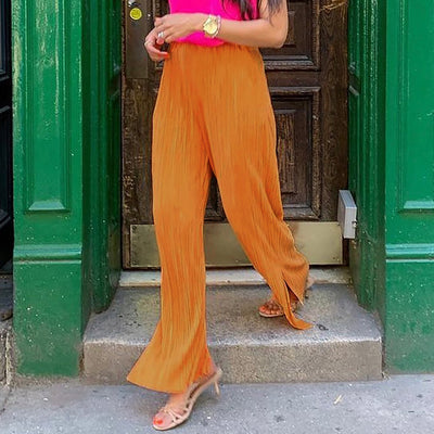 Pantalón Ancho Cintura Alta con Aberturas Laterales en Tono Naranja Amarillento - Image 11