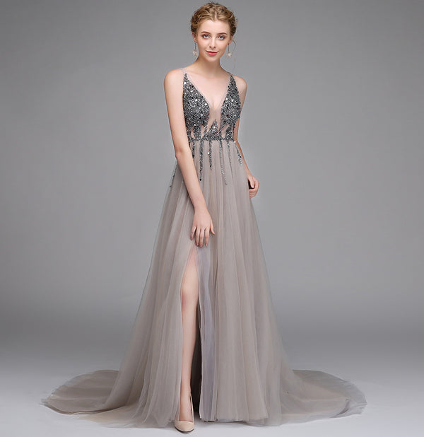 Vestido de Noche Escotado en V Primavera Otoño para Banquetes