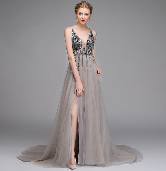 Vestido de Noche Escotado en V Primavera Otoño para Banquetes