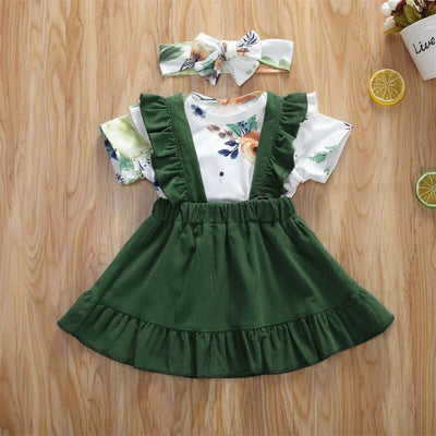 Conjunto de 3 Piezas: Blusa Floral Manga Corta, Falda con Tirantes y Diadema - Image 11