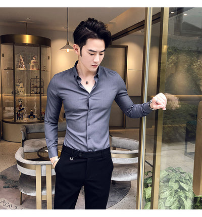 Camisa Manga Larga Estilo Gentleman Británico de Color Sólido - Image 29