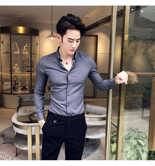 Camisa Manga Larga Estilo Gentleman Británico de Color Sólido - Image 29