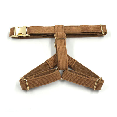 Brown corduroy pet harness with gold-colored metal quick-release buckle and D-rings, shown on a white background. - Image 16