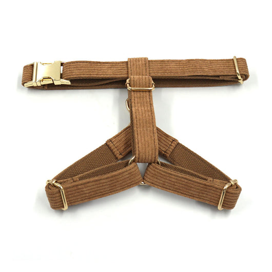 Brown corduroy pet harness with gold-colored metal quick-release buckle and D-rings, shown on a white background. - Image 16
