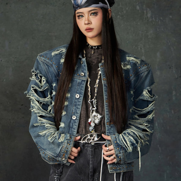 Chaqueta Denim Acolchada con Remaches y Hombros Reforzados