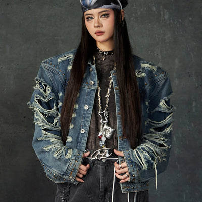 Chaqueta Denim Acolchada con Remaches y Hombros Reforzados