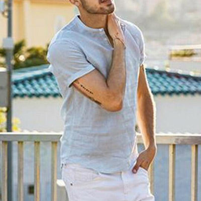 Camisa de Cuello Parado Algodón y Lino Manga Corta - Image 10