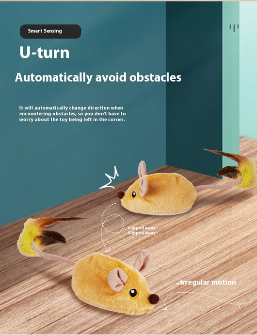 Yellow remote control electric plush mouse cat toy with a black remote and white USB charging cable. - Image 14