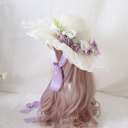 Sombrero de Ala Ancha con Encaje Floral y Moño para Viajes - Image 3