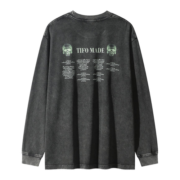 Playera Manga Larga con Estampado de Calavera Desgastada para Hombre