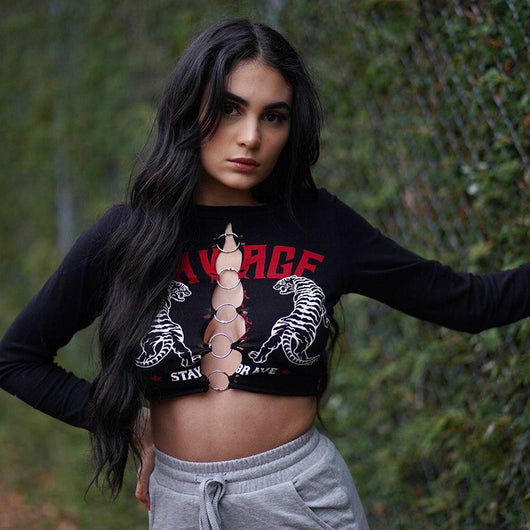 Blusa Ajustada de Manga Larga Cuello Redondo para Mujer