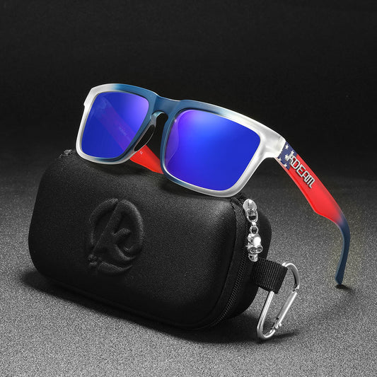Men's and women's dazzling blue and black striped polarized sunglasses with gray lenses and a black case.