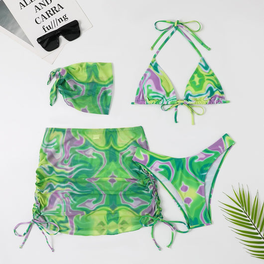 Four-piece tie-dyed bikini swimsuit set in orange, yellow, and white, with a triangle top, high-cut bottoms, ruched mini skirt, and matching headscarf. - Image 37