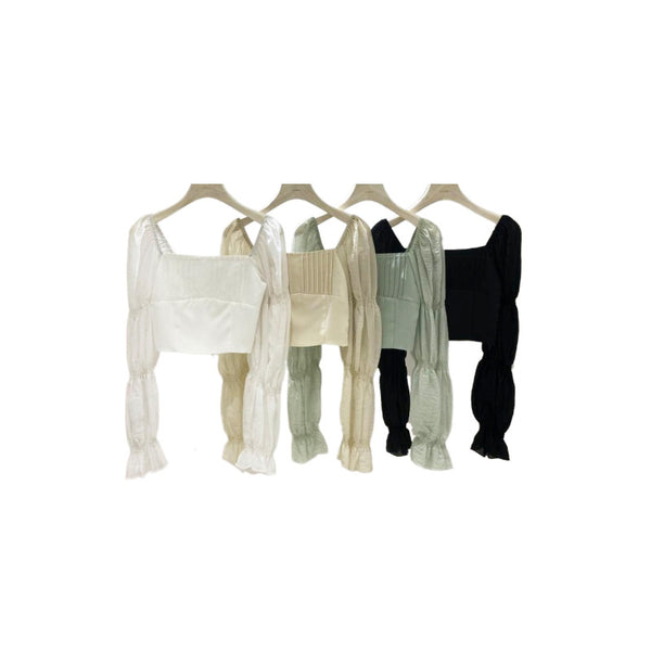 Blusa Corta Cuadros con Mangas Abullonadas Elásticas