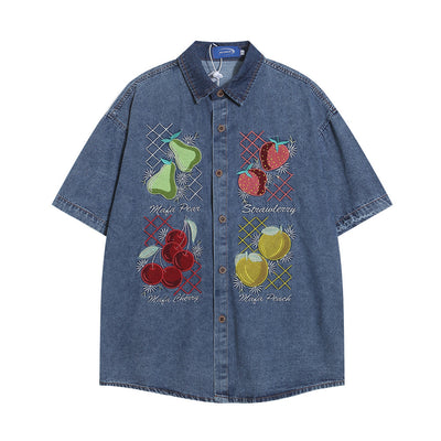 Camisa Denim Lavada con Bordado de Frutas - Manga Corta