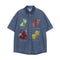 Camisa Denim Lavada con Bordado de Frutas - Manga Corta