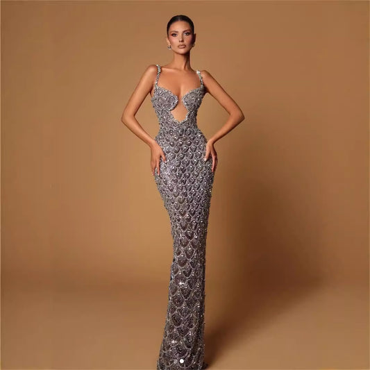 Vestido Largo Elegante Espalda Descubierta con Lentejuelas y Tirantes