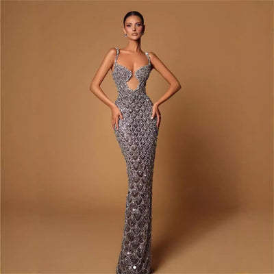 Vestido Largo Elegante Espalda Descubierta con Lentejuelas y Tirantes