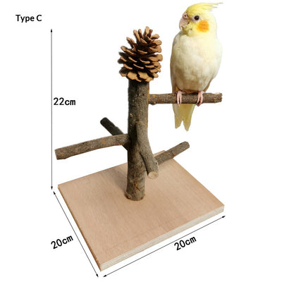 Solid wood parrot stand with multiple natural branch perches and a pinecone, featuring a cockatiel. - Image 7