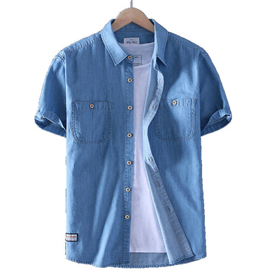 Camisa Casual de Algodón Lavado para Hombre - Manga Corta Ligera Color Sólido