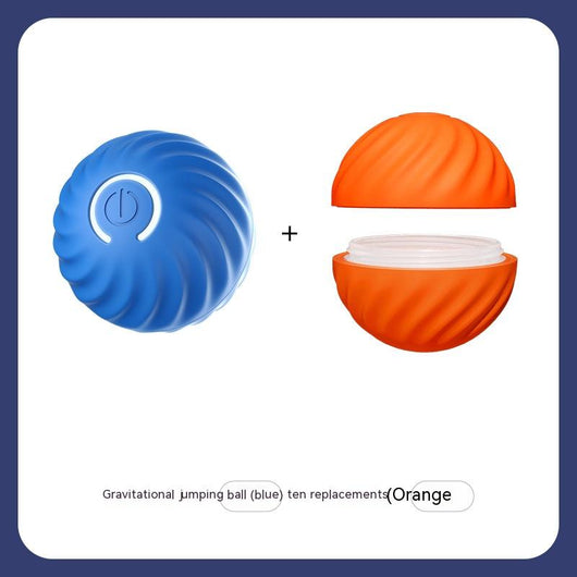Blue gravitational jumping pet ball with a power button, shown next to an orange replacement shell for the toy. - Image 9
