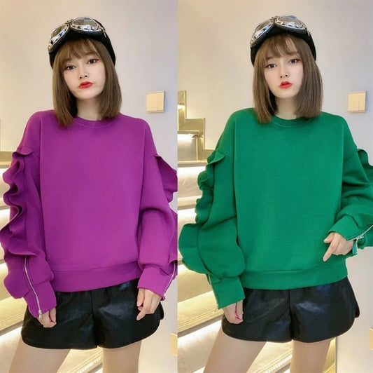 Blusa Occidental Holgada de Algodón Espacial con Volantes en las Mangas