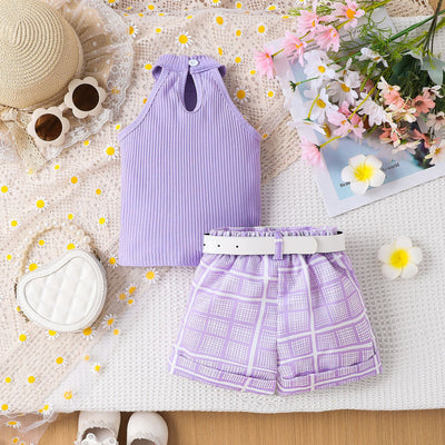 Conjunto Infantil de Shorts Estampados con Cinturón y Top Halter de Color Liso - Image 20