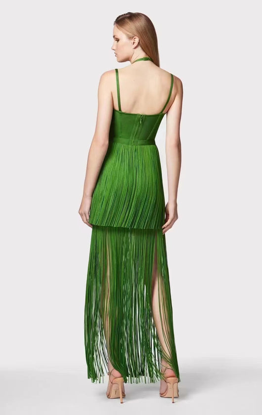 Vestido de Fiesta Verde Esmeralda con Tirantes Finos y Detalles de Borlas - Image 12