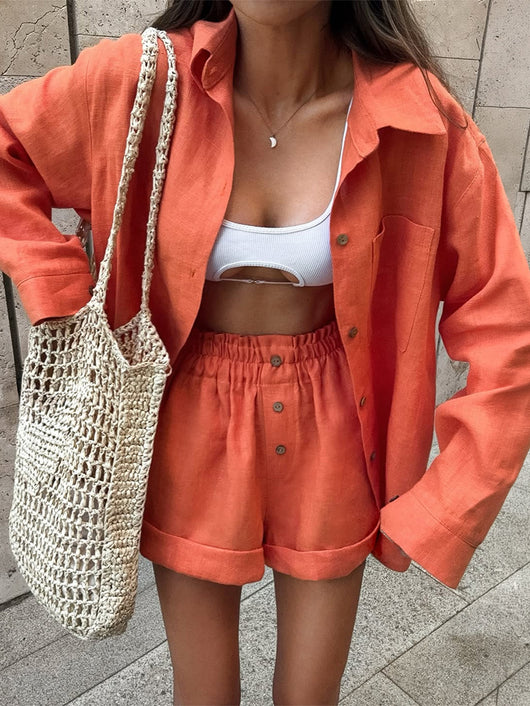 Conjunto Vintage de Camisa y Shorts Lisos Estilo Francés para Mujer - Image 10