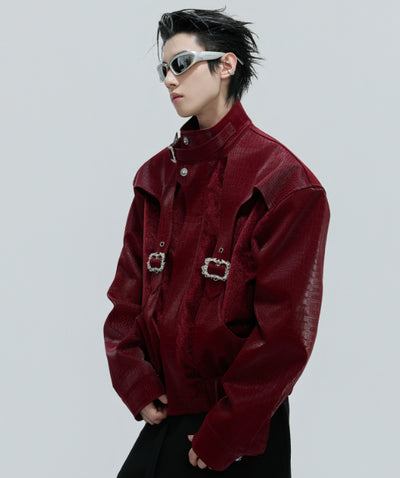 Chaqueta de Cuero Pesada con Cuello de Pie y Costuras de Crin de Caballo - Image 4