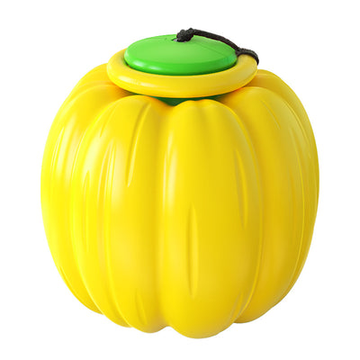 Orange pumpkin-shaped dog toy with a green top, yellow ring, and black rope, for teeth training. - Image 8