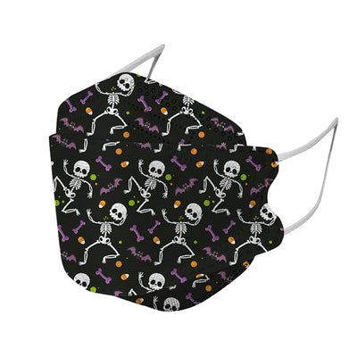 Two black KF94 Halloween masks with a pattern of dancing skeletons, purple bones, bats, and candy corn. - Image 5