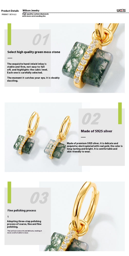 Aretes de Plata S925 con Ágata Musgo Natural - Diseño Cuadrado Minimalista - Image 7