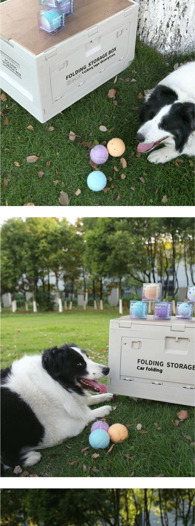 Peach yellow Petdora high elastic tennis ball dog toy next to its clear iridescent 'Popping Ball' packaging. - Image 9