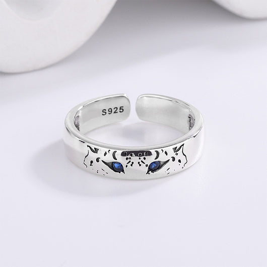 Anillo de Plata 925 Pareja de Leopardos de Nieve con Ojos Azules Vintage - Image 3
